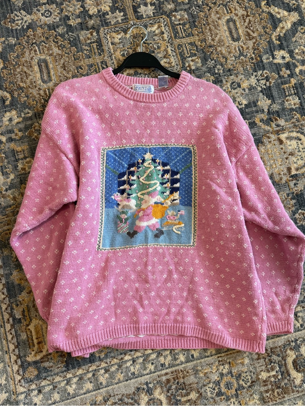 Vintage Hand Embroidered Pink Holiday Crewneck Sweater with Embroidered Tree